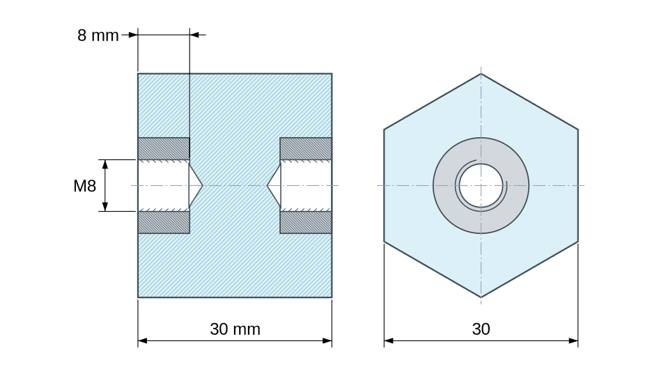 Plano acotado: Distanciador aislante hexagonal roscado hembra/hembra de plástico poliéster con inserto de acero M8 - 30 mm entre caras
