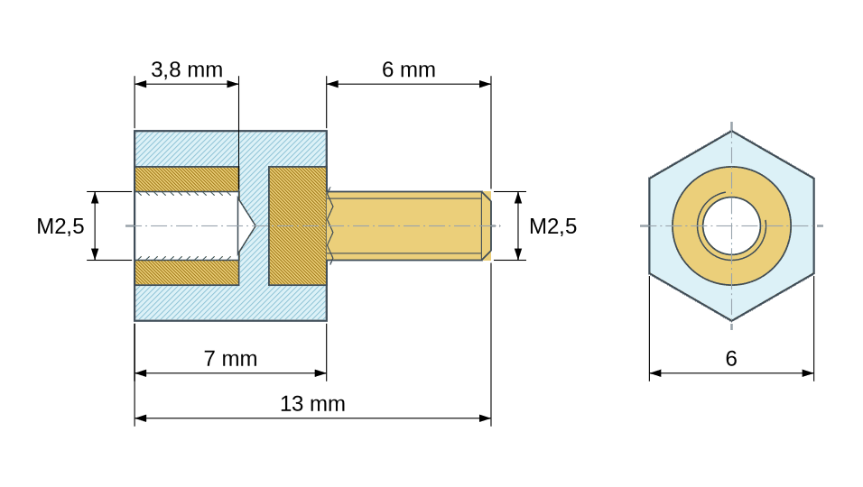 Plano acotado: Distanciador aislante hexagonal roscado macho/hembra de plástico PA6 con inserto de latón M2,5 - 6 mm entre caras