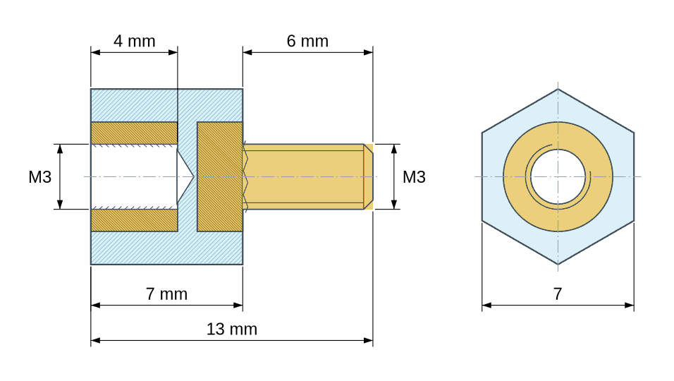 Plano acotado: Distanciador aislante hexagonal roscado macho/hembra de plástico PA6 con inserto de latón M3 - 7 mm entre caras