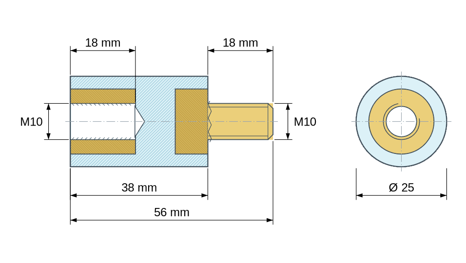 Plano acotado: Distanciador aislante redondo roscado macho/hembra de plástico PA6.6 con inserto de latón M10 - Ø25 mm