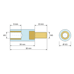 [decl 20mm / 10 mm] Entretoise isolante ronde filetée mâle/femelle plastique PA6.6 insert laiton M5 - Ø9,5 mm