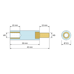 Plano acotado 30 mm / 10 mm, Distanciador aislante redondo roscado macho/hembra de plástico PA6.6 con inserto de latón M5 - Ø9,5 mm