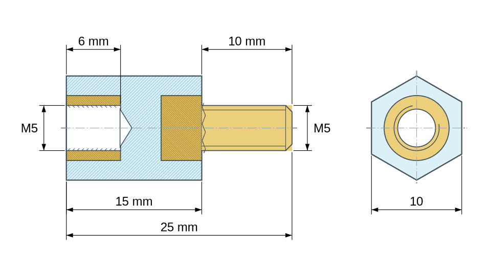 Plano acotado: Distanciador aislante hexagonal roscado macho/hembra de plástico PA6.6 con inserto de latón M5 - 10 mm entre caras