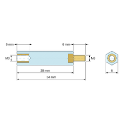 [decl 28mm] Entretoise isolante hexagonale filetée mâle/femelle plastique PA6.6 UL94-HB insert laiton M3 - 6 mm sur plats