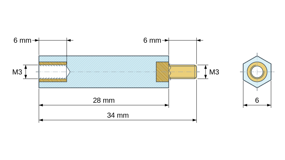 Plano acotado: Distanciador aislante hexagonal roscado macho/hembra de plástico PA6.6 UL94-HB con inserto de latón M3 - 6 mm entre caras