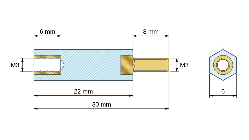 Plano acotado: Distanciador aislante hexagonal roscado macho/hembra de plástico PA6.6 UL94-V2 con inserto de latón M3 - 6 mm entre caras