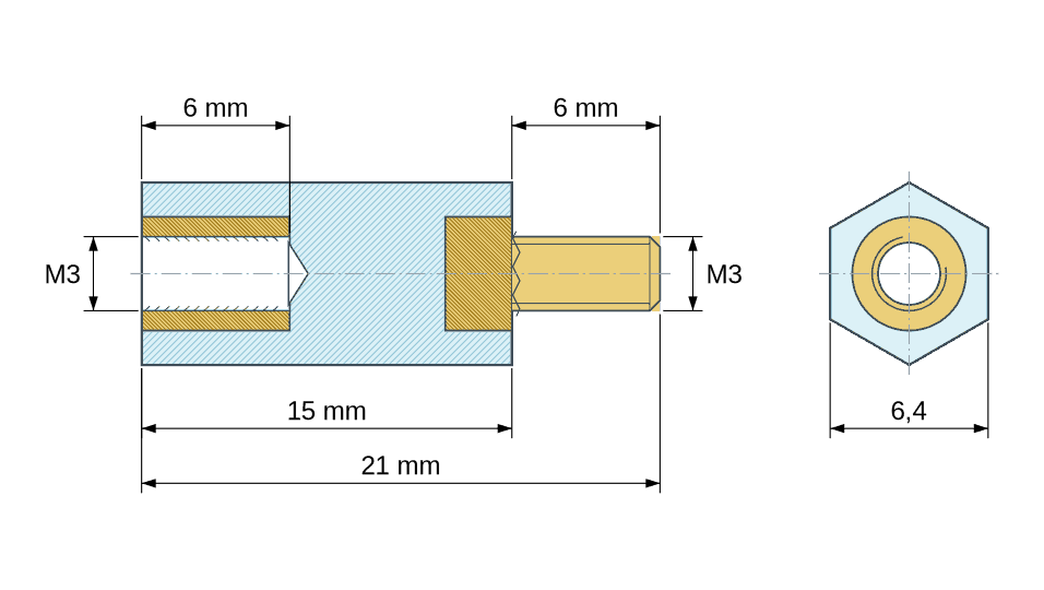 Plano acotado: Distanciador aislante hexagonal roscado macho/hembra de plástico PA6.6 con inserto de latón M3 - 6,4 mm entre caras
