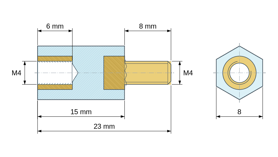 Plano acotado: Distanciador aislante hexagonal roscado macho/hembra de plástico PA6.6 con inserto de latón M4 - 8 mm entre caras