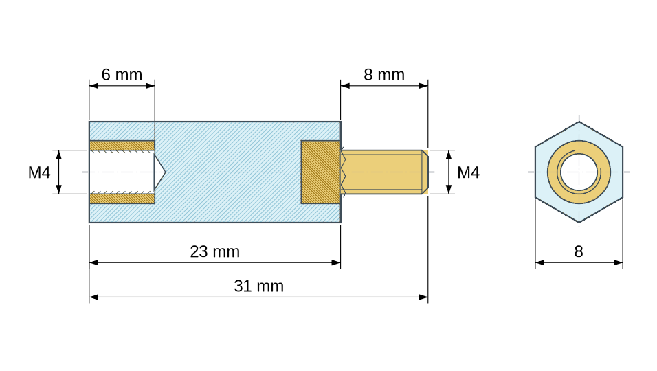 Plano acotado Distanciador aislante hexagonal roscado macho/hembra de plástico PA6.6 con inserto de latón UL94-V2 M4 - 8 mm entre caras