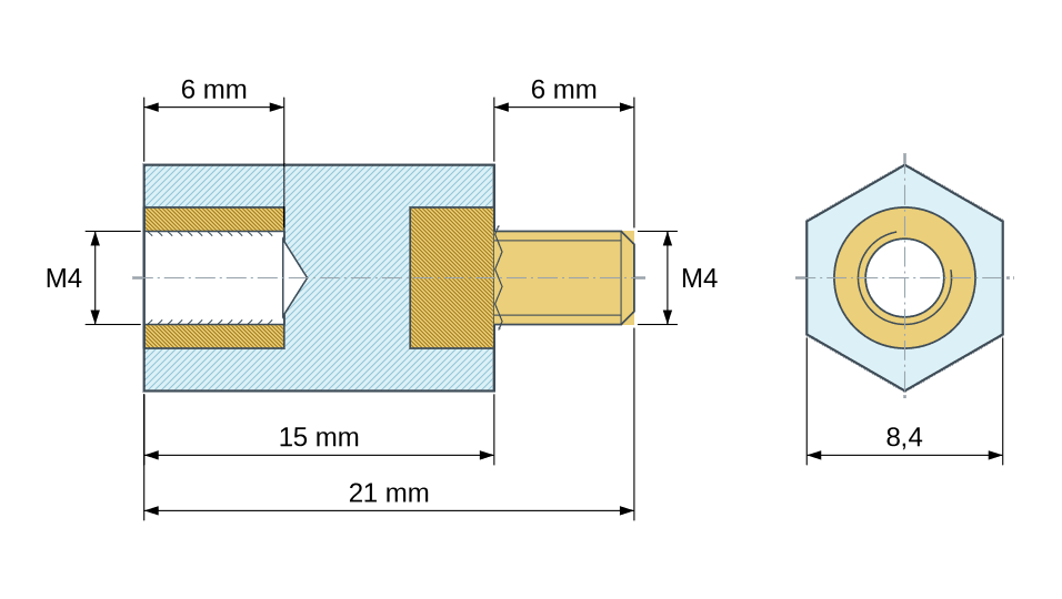 Plano acotado: Distanciador aislante hexagonal roscado macho/hembra de plástico PA6.6 con inserto de latón M4 - 8,4 mm entre caras