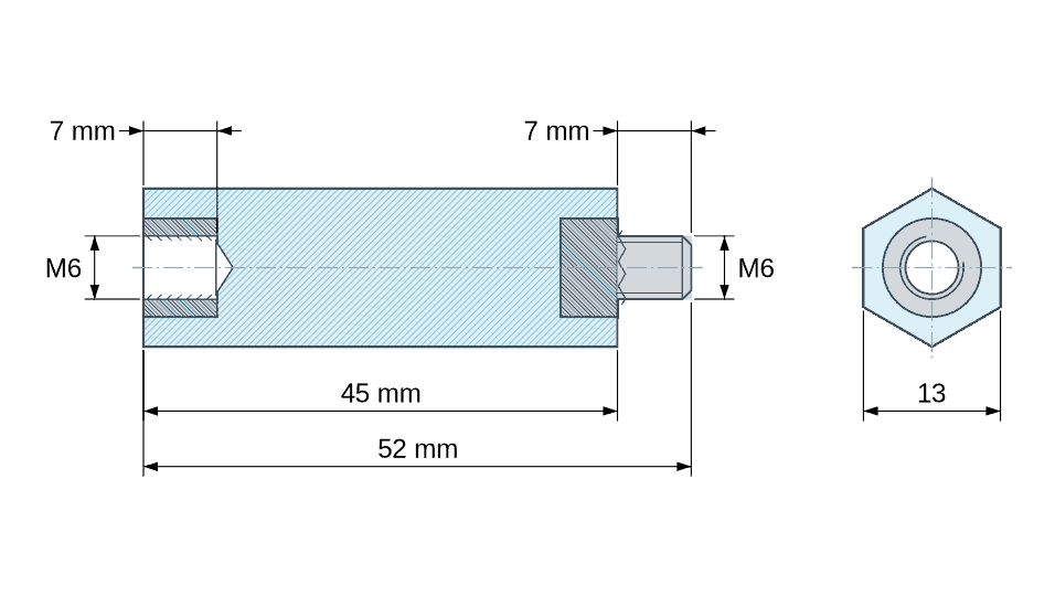 Plano acotado: Distanciador aislante hexagonal roscado macho/hembra de plástico PA6.6 con inserto de acero M6 - 13 mm entre caras