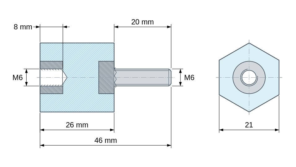 Plano acotado: Distanciador aislante hexagonal roscado macho/hembra de plástico poliéster con inserto de acero M6 - 21 mm entre caras
