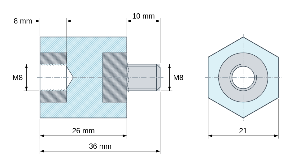 Plano acotado: Distanciador aislante hexagonal roscado macho/hembra de plástico poliéster con inserto de acero M8 - 21 mm entre caras