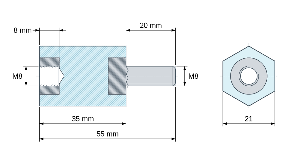 Plano acotado Distanciador aislante hexagonal roscado macho/hembra de plástico poliéster con inserto de acero M8 - 21 mm entre caras