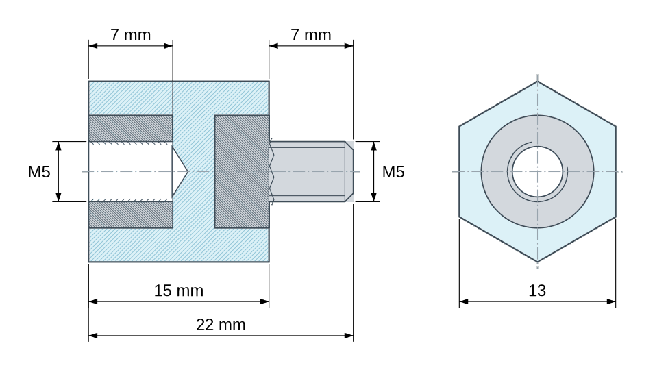 Plano acotado: Distanciador aislante hexagonal roscado macho/hembra de plástico poliestireno con inserto de acero M5 - 13 mm entre caras