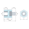 Plano acotado 15 mm, Distanciador aislante hexagonal roscado macho/hembra de plástico poliestireno con inserto de acero M6 - 13 mm entre caras