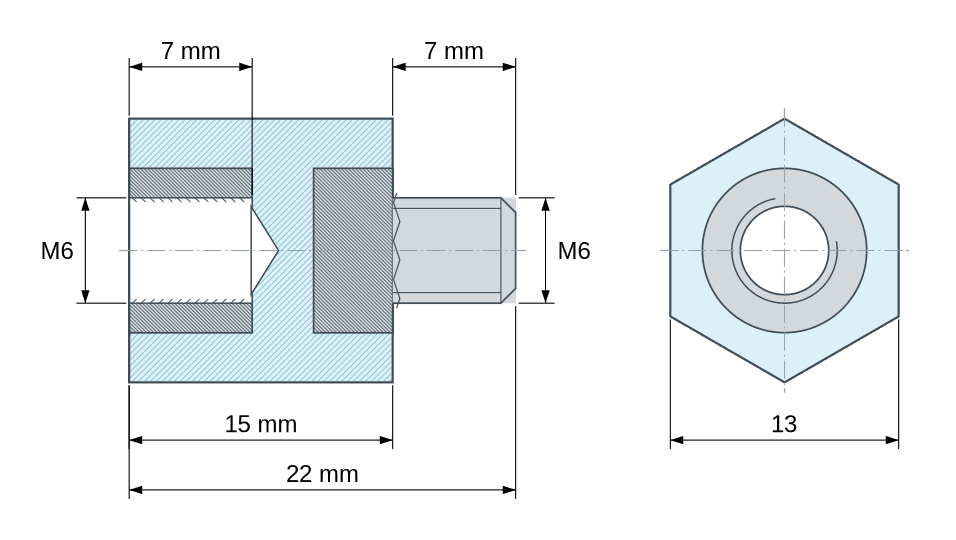 Plano acotado: Distanciador aislante hexagonal roscado macho/hembra de plástico poliestireno con inserto de acero M6 - 13 mm entre caras