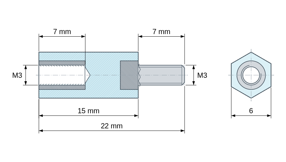 Plano acotado: Distanciador aislante hexagonal roscado macho/hembra de plástico poliestireno con inserto de acero M3 - 6 mm entre caras
