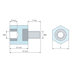 [decl 10mm] Entretoise isolante hexagonale filetée mâle/femelle plastique polystyrène insert acier M4 - 9 mm sur plats