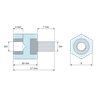 Plano acotado 10 mm, Distanciador aislante hexagonal roscado macho/hembra de plástico poliestireno con inserto de acero M4 - 9 mm entre caras