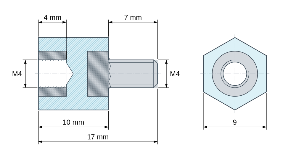 Plano acotado: Distanciador aislante hexagonal roscado macho/hembra de plástico poliestireno con inserto de acero M4 - 9 mm entre caras