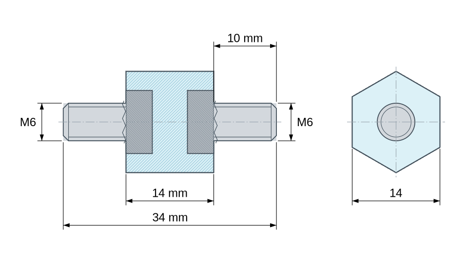 Plano acotado: Distanciador aislante hexagonal roscado macho/macho de plástico poliéster con inserto de acero M6 - 14 mm entre caras
