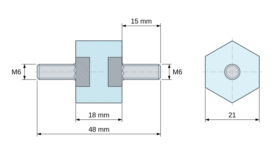 Plano acotado: Distanciador aislante hexagonal roscado macho/macho de plástico poliéster con inserto de acero M6 - 21 mm entre caras