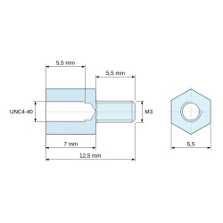 Plano acotado 7 mm / 5,5 mm, Distanciador hexagonal roscado macho/hembra acero inoxidable UNC4-40 / M3 - 5,5 mm entrecaras