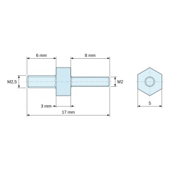 Plano acotado 3 mm / 8 mm, Distanciador hexagonal roscado macho/macho acero inoxidable M2,5 / M2 - 5 mm entrecaras, vástagos de 6 y 8 mm