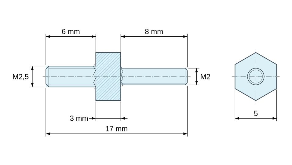 Plano acotado Distanciador hexagonal roscado macho/macho acero inoxidable M2,5 / M2 - 5 mm entrecaras, vástagos de 6 y 8 mm Plano acotado Distanciador hexagonal roscado macho/macho acero inoxidable M2,5 / M2 - 5 mm entrecaras, vástagos de 6 y 8 mm