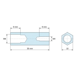 Plano acotado 35 mm, Distanciador hexagonal roscado hembra/hembra latón niquelado con plomo M8 / M4 - 10 mm entrecaras