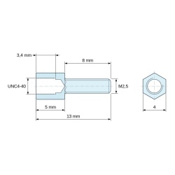 Plano acotado 5 mm / 8 mm, Distanciador hexagonal roscado macho/hembra latón niquelado con plomo UNC4-40 / M2,5 - 4 mm entrecaras