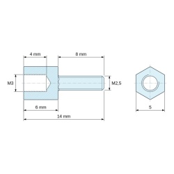 Plano acotado 6 mm / 8 mm, Distanciador hexagonal roscado macho/hembra plástico poliamida PA6.6 M3 / M2,5 - 5 mm entrecaras