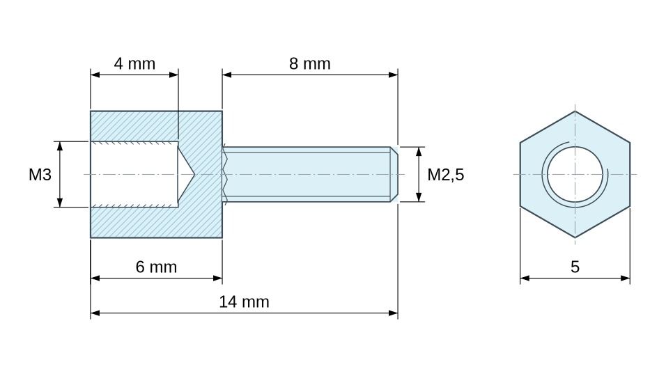 Plano acotado Distanciador hexagonal roscado macho/hembra plástico poliamida PA6.6 M3 / M2,5 - 5 mm entrecaras
