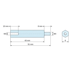 Plano acotado 43 mm / 8 mm, Distanciador hexagonal roscado macho/hembra plástico poliamida PA6.6 M3 / M4 - 8 mm entrecaras