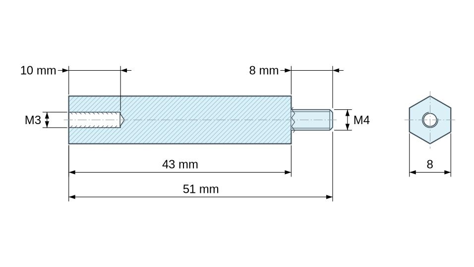 Plano acotado Distanciador hexagonal roscado macho/hembra plástico poliamida PA6.6 M3 / M4 - 8 mm entrecaras