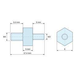 Plano acotado 5 mm / 6,4 mm, Distanciador hexagonal roscado macho/macho plástico poliamida PA6.6 M4 / M3 - 8 mm entrecaras, vástagos de 6,4 y 6 mm