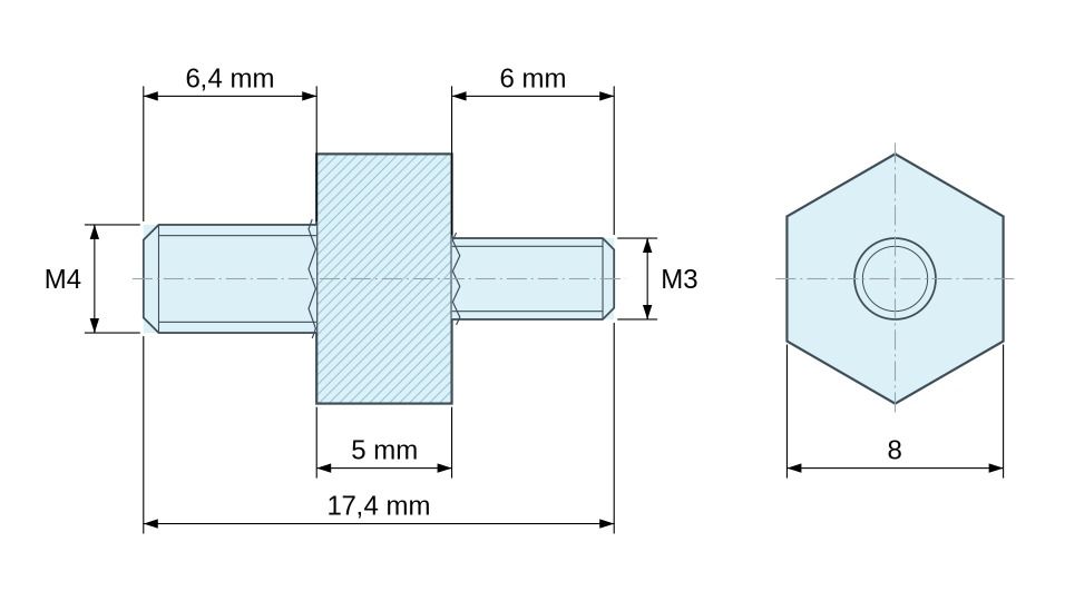 Plano acotado Distanciador hexagonal roscado macho/macho plástico poliamida PA6.6 M4 / M3 - 8 mm entrecaras, vástagos de 6,4 y 6 mm