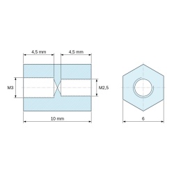 Plano acotado 10 mm, Distanciador hexagonal roscado hembra/hembra plástico poliamida PA6 reforzada con fibra de vidrio M3 / M2,5 - 6 mm entrecaras