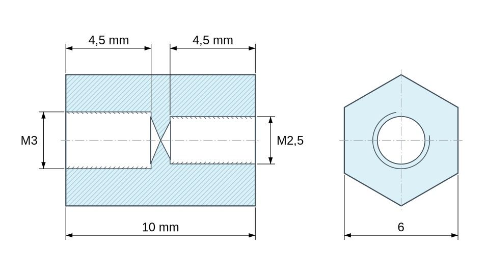 Plano acotado Distanciador hexagonal roscado hembra/hembra plástico poliamida PA6 reforzada con fibra de vidrio M3 / M2,5 - 6 mm entrecaras