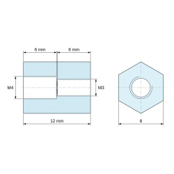 Plano acotado 12 mm, Distanciador hexagonal roscado hembra/hembra plástico poliamida PA6 reforzada con fibra de vidrio M4 / M3 - 8 mm entrecaras