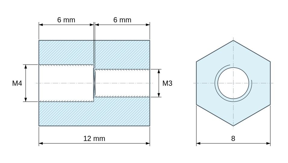 Plano acotado Distanciador hexagonal roscado hembra/hembra plástico poliamida PA6 reforzada con fibra de vidrio M4 / M3 - 8 mm entrecaras