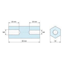 Plano acotado 30 mm, Distanciador hexagonal roscado hembra/hembra plástico poliamida PA6 reforzada con fibra de vidrio M5 / M4 - 10 mm entrecaras