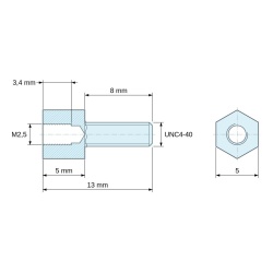 Plano acotado 5 mm / 8 mm, Distanciador hexagonal roscado macho/hembra acero cincado M2,5 / UNC4-40 - 5 mm entrecaras