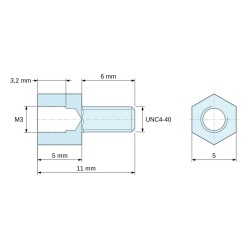 Plano acotado 5 mm / 6 mm, Distanciador hexagonal roscado macho/hembra acero cincado azul M3 / UNC4-40 - 5 mm entrecaras