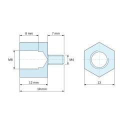 Plano acotado 12 mm / 7 mm, Distanciador hexagonal roscado macho/hembra acero cincado M8 / M4 - 13 mm entrecaras