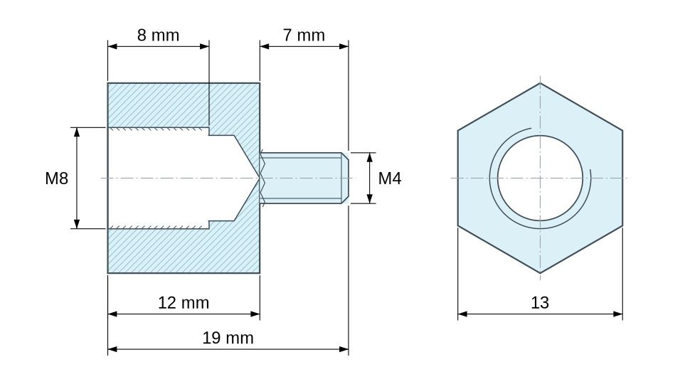 Plano acotado Distanciador hexagonal roscado macho/hembra acero cincado M8 / M4 - 13 mm entrecaras