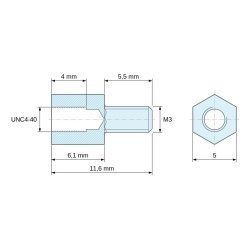 Plano acotado 6,1 mm / 5,5 mm, Distanciador hexagonal roscado macho/hembra acero cincado azul UNC4-40 / M3 - 5 mm entrecaras