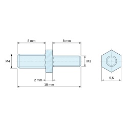 Plano acotado 2 mm / 8 mm, Distanciador hexagonal roscado macho/macho acero cincado azul M4 / M3 - 5,5 mm entrecaras