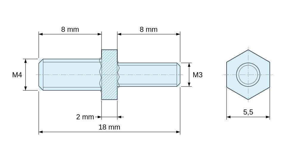 Plano acotado Distanciador hexagonal roscado macho/macho acero cincado azul M4 / M3 - 5,5 mm entrecaras